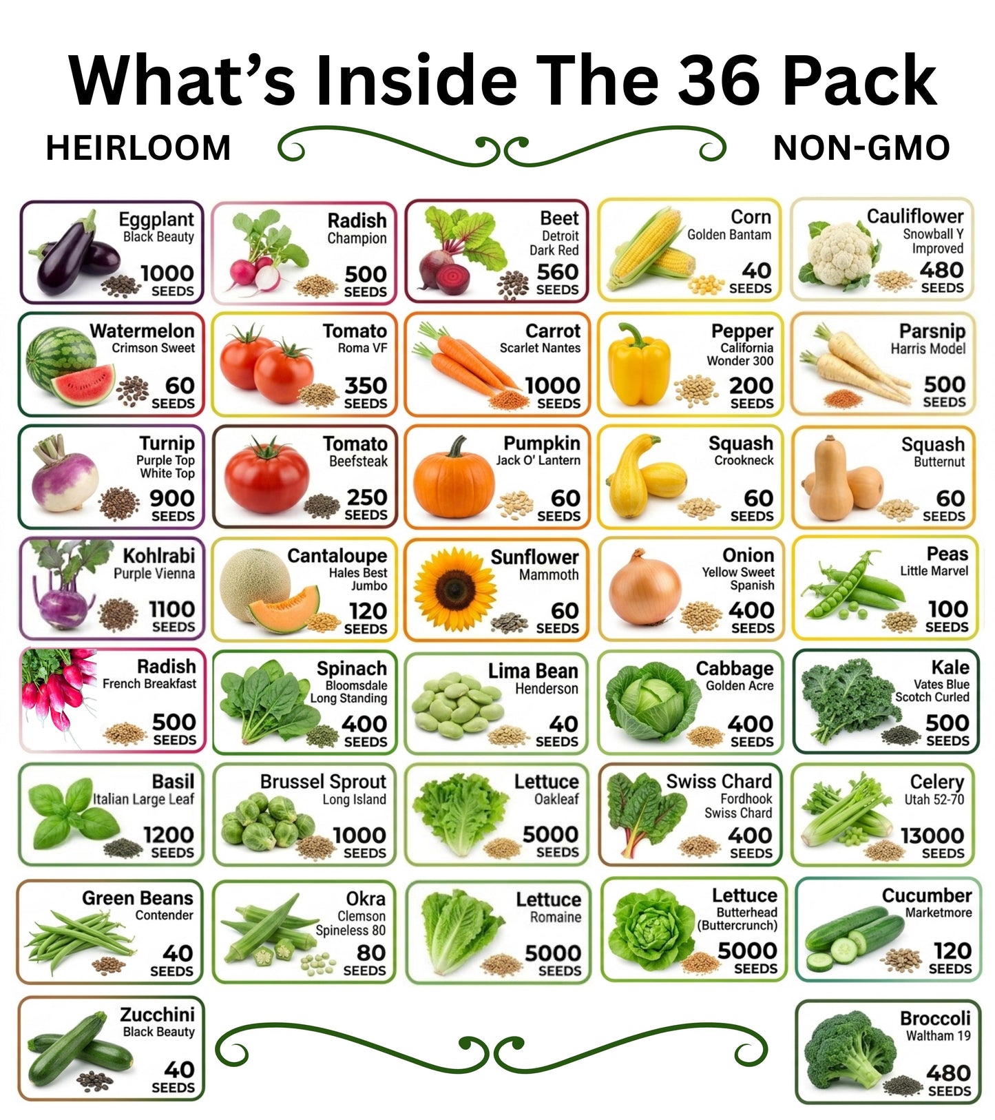 20-50 Varieties - Heirloom Vegetable & Herb Long-Term Seed Vaults – USA Grown, Non-GMO - 10,000-50,000 Seeds